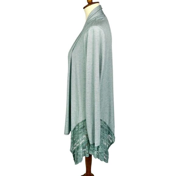 LOGO Lori Goldstein Pinstripe Lace Trim Green Knit Open Front Cardigan Medium - Picture 2 of 10